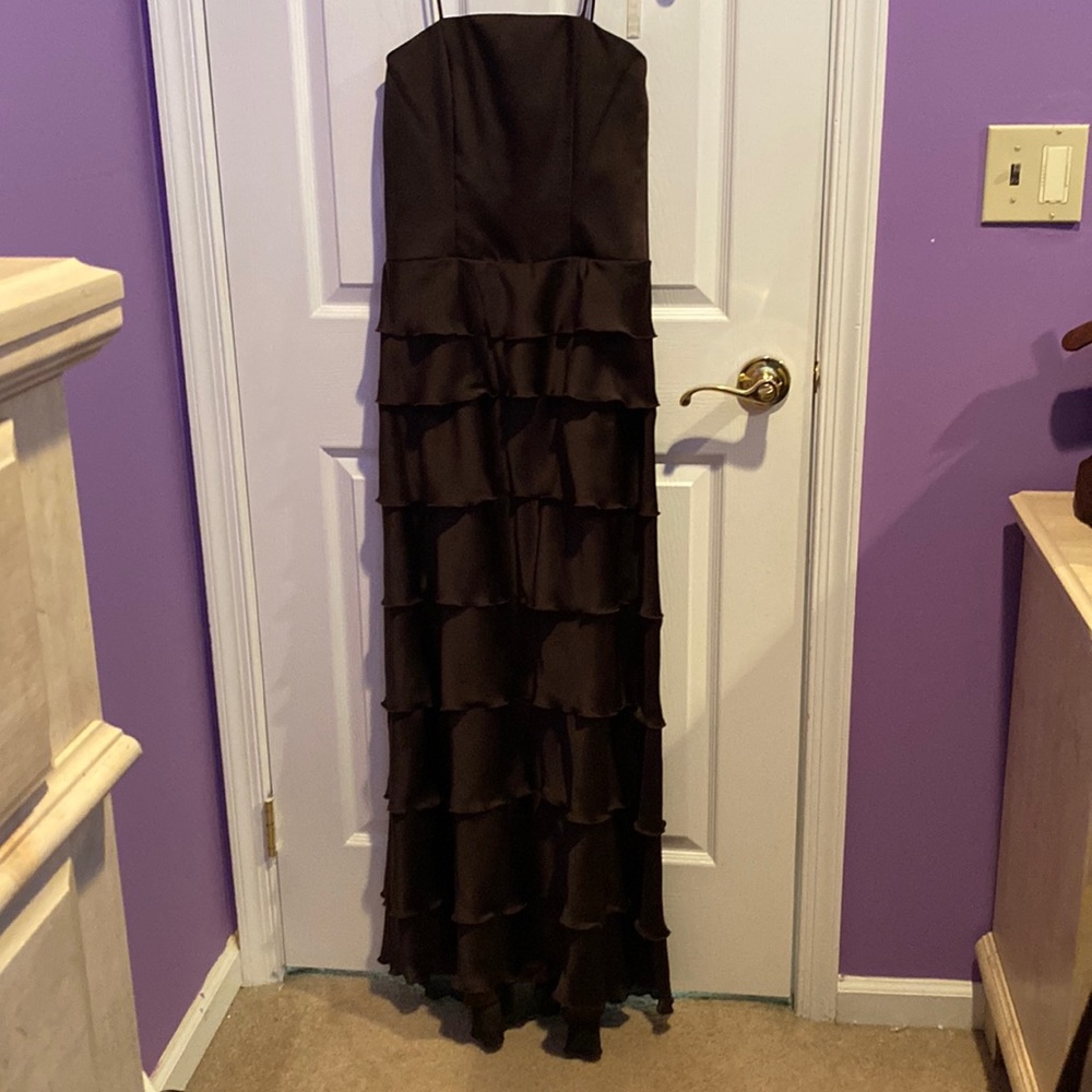 Bridesmaid dress in brown.  Tiered bottom